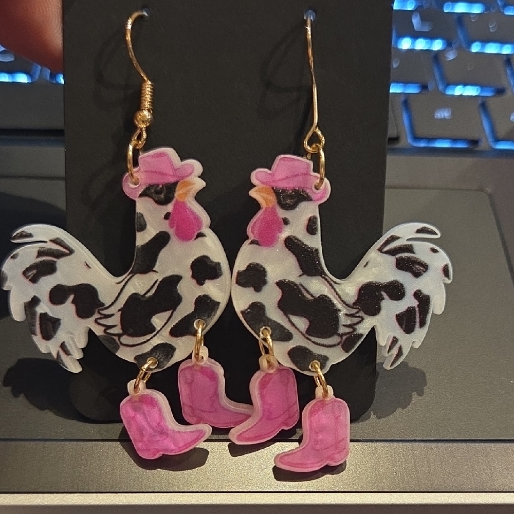 Pink and Black Rooster Earrings